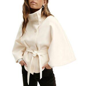 Batwing Sleeve Poncho Cape Coat Elegant Stand Collar Belted Outerwear